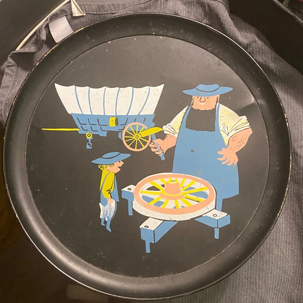 Vintage GuildCraft Black Metal Tray with Cartoon Design
